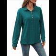 thumbnail image 3 of Blusas Holgadas de Larga con Botones y Solapa de Color Liso para Mujer, Otoño e Invierno Azul Pavo Real L, 3 of 9