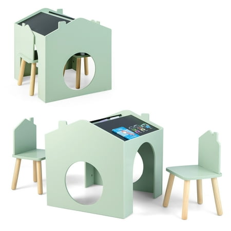 UPC: 6554712349062 | Costway 3 Piece Kids Wooden Table and Chair Set with Blackboard for Drawing Reading Green