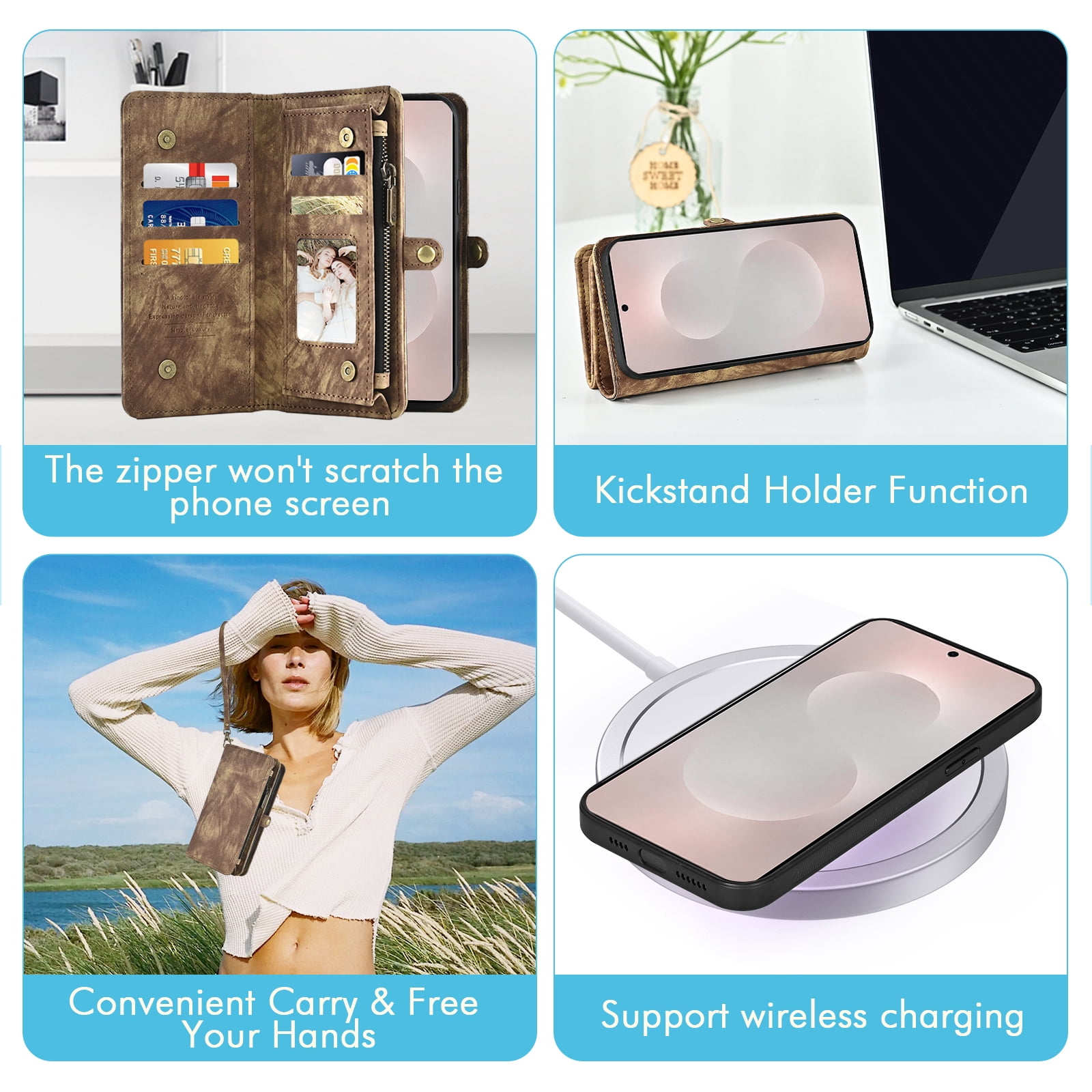 Phone Case for Samsung Galaxy S25 Edge Zipper Wallet Detachable Cell Cover with Tempered Glass Screen Protector Crossbody Lanyard Strap Flip Card Holder Slot S25Edge 25S S 25 25Edge Women Brown