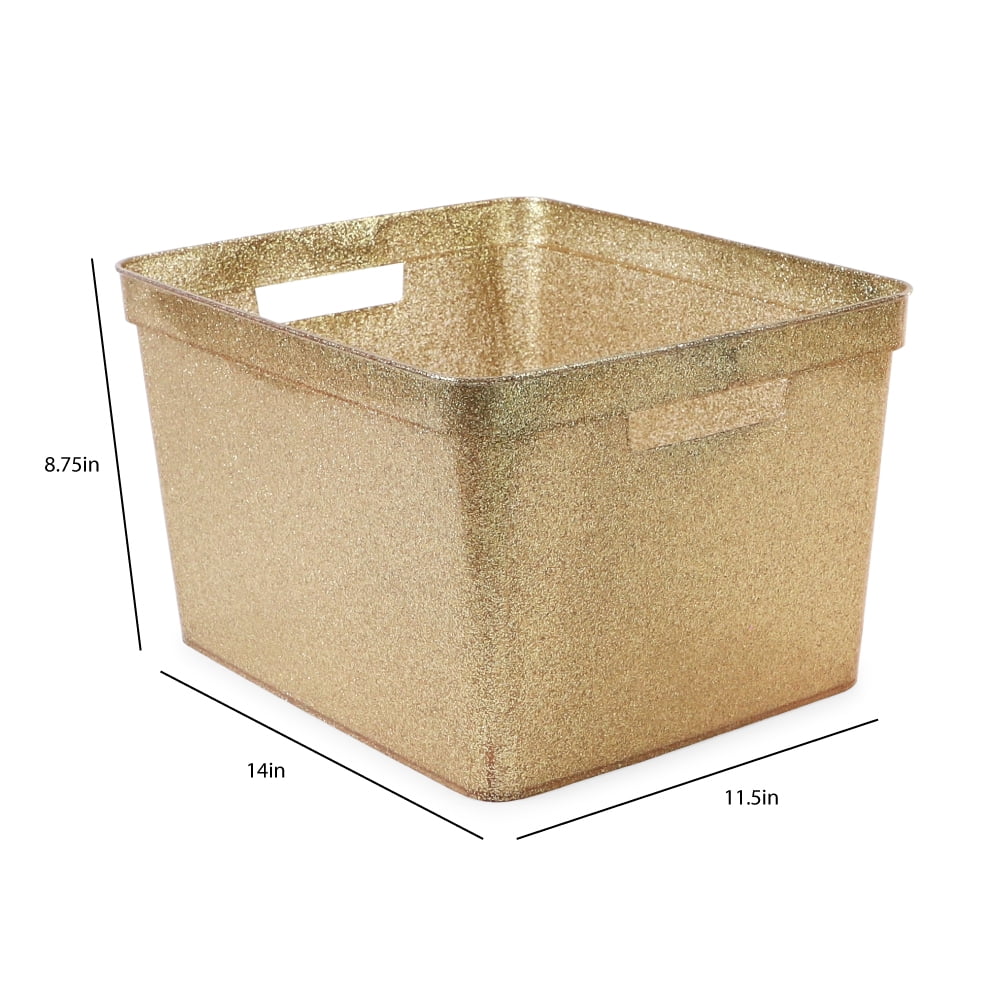 Isaac Jacobs 2-Pack Large Gold Glitter Storage Bin Set with Cut-Out Handles, Plastic Organizers