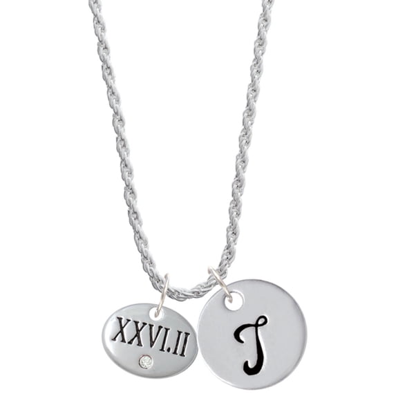 Delight Jewelry Silvertone Marathon with Clear Crystal Roman Numeral Silvertone Script Initial Disc - T - Charm Necklace, 20"+3"