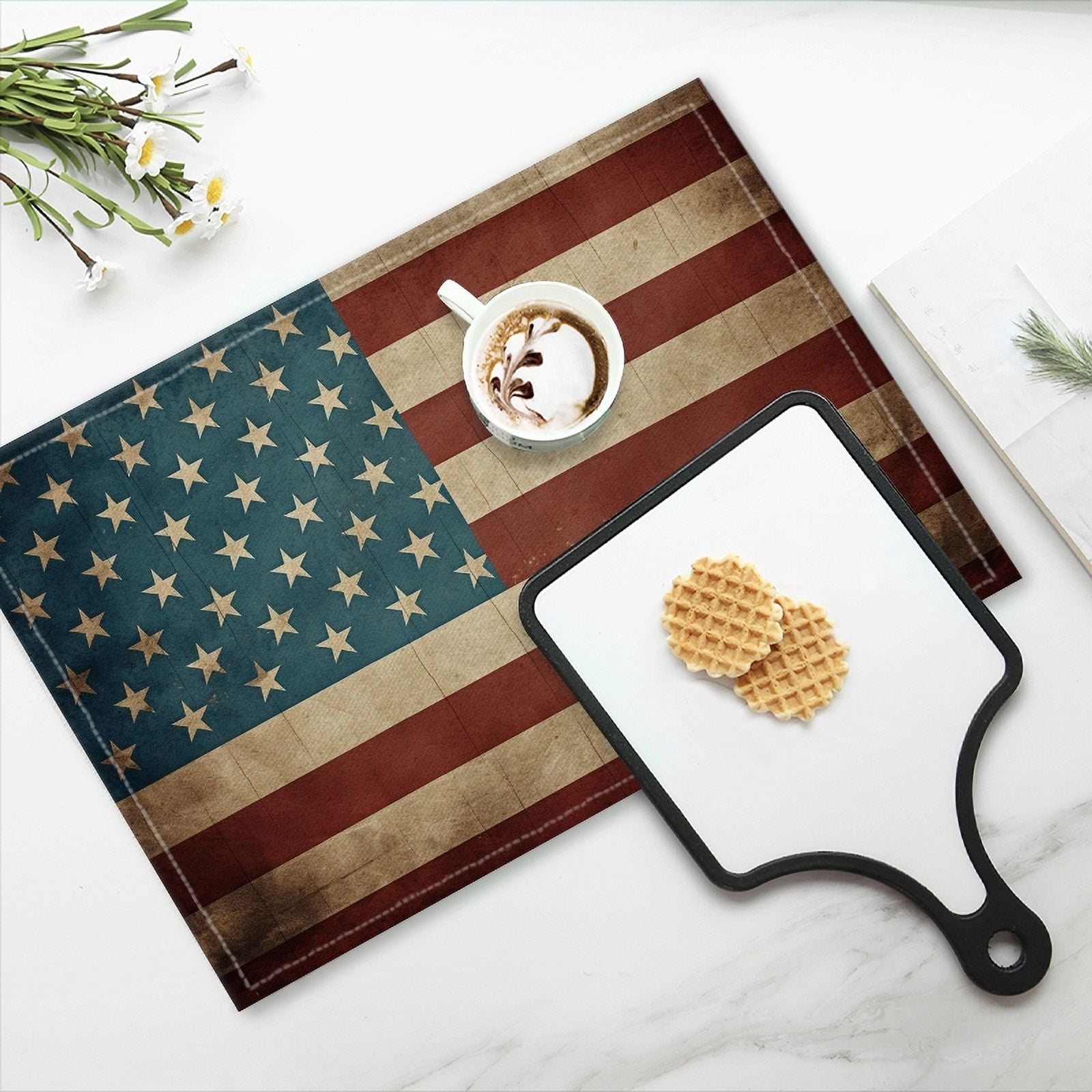 BaHomeck placemats Set of 4 Vintage American Flag Background (2) Cotton Linen rectangle Placemats for Kitchen Dining Table Indoor,Outdoor,18*12inch