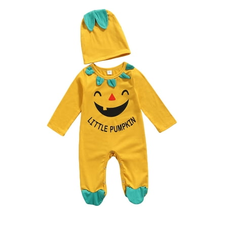 

Canrulo 2PCS Newborn Baby Girls Boys Halloween Letter Print Footed Jumpsuit with Hat Set Yellow 0-3 Months