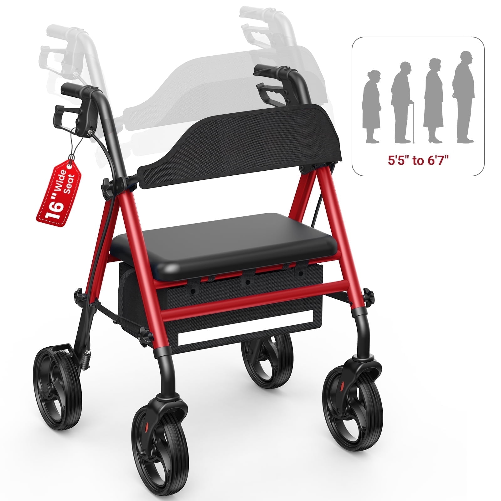 Specared Rollator Walker with Seat, 16" Wide Seat Folding Walker for Seniors, Adjustable Seat Height 350lbs Heavy Duty, Red