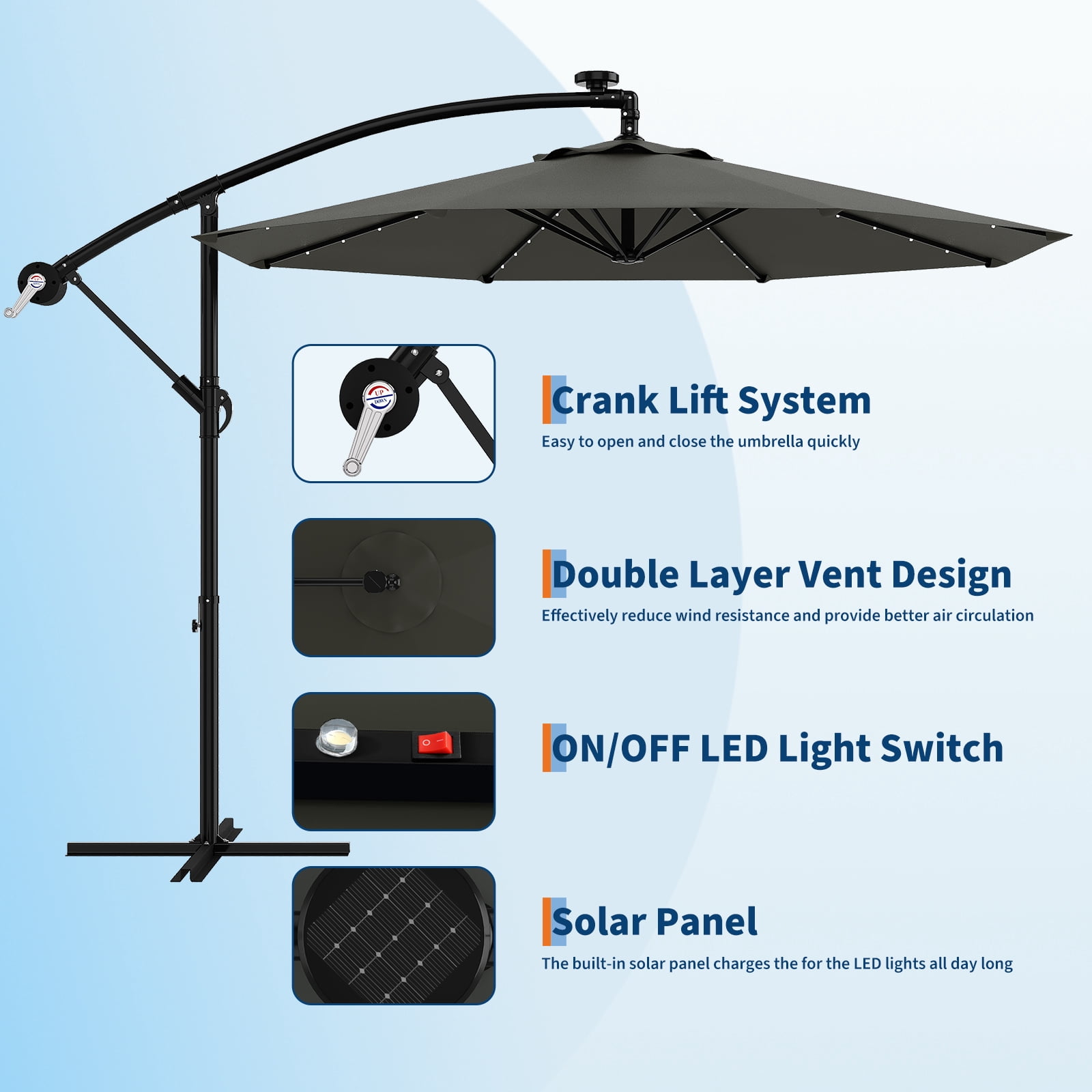 Wildbreak 10 ft Offset Hanging Market Patio Umbrella, with Solar LED, Easy Tilt Adjustment, Gray