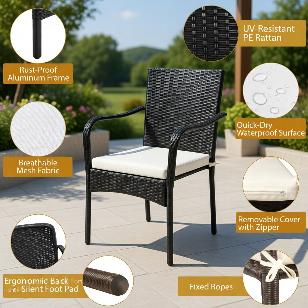 Hommoo 4-Piece Stackable Outdoor Rattan Dining Chairs with Removable Cushions, Weather-Resistant PE Wicker & Steel Frame for Patio, Garden, Poolside, Brown