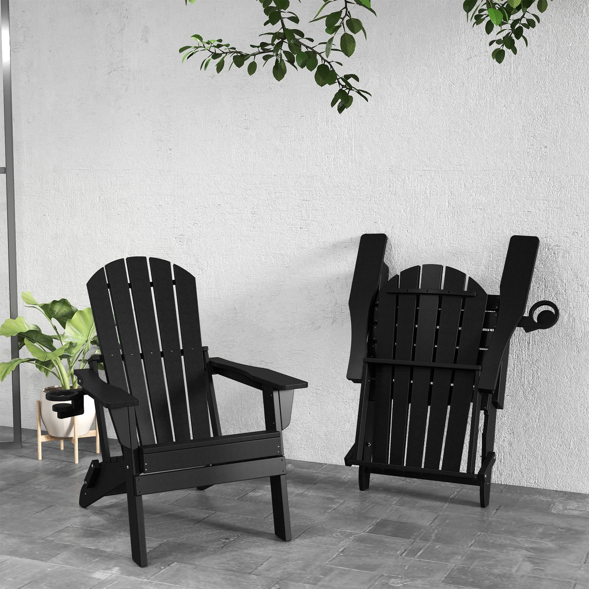 FOOWIN HDPE Folding Adirondack Chair with Cup Holder, Fire Pit Chairs Set of 2, Black