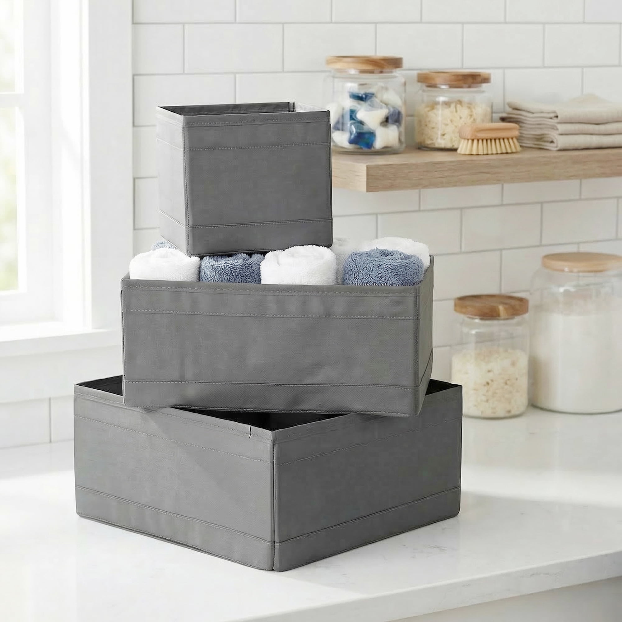 Unique Bargains 3Pcs Fabric Collapsible Storage Basketas with Zipper Grey 6 Pcs