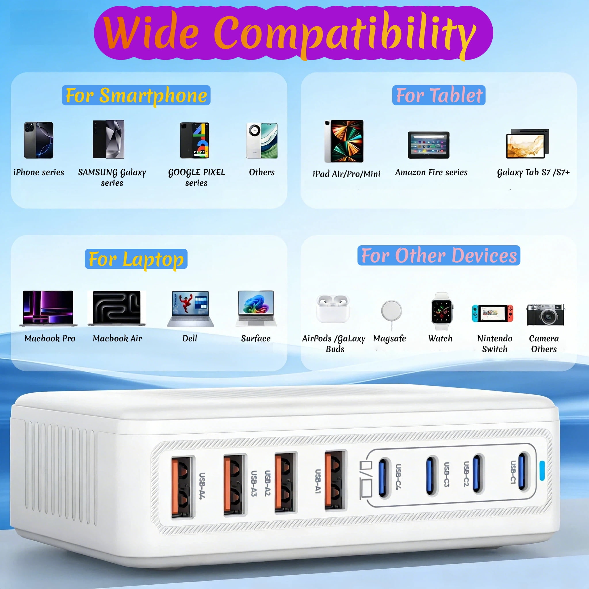 Fast Charger USB C Charger Block, 200W GaN 8 Port USBC Charging Station USB Hub Block Cube, PD 65W Laptop Charging Station for Multiple Devices iPhone 17/16/15,MacBook Pro/Air,iPad,White