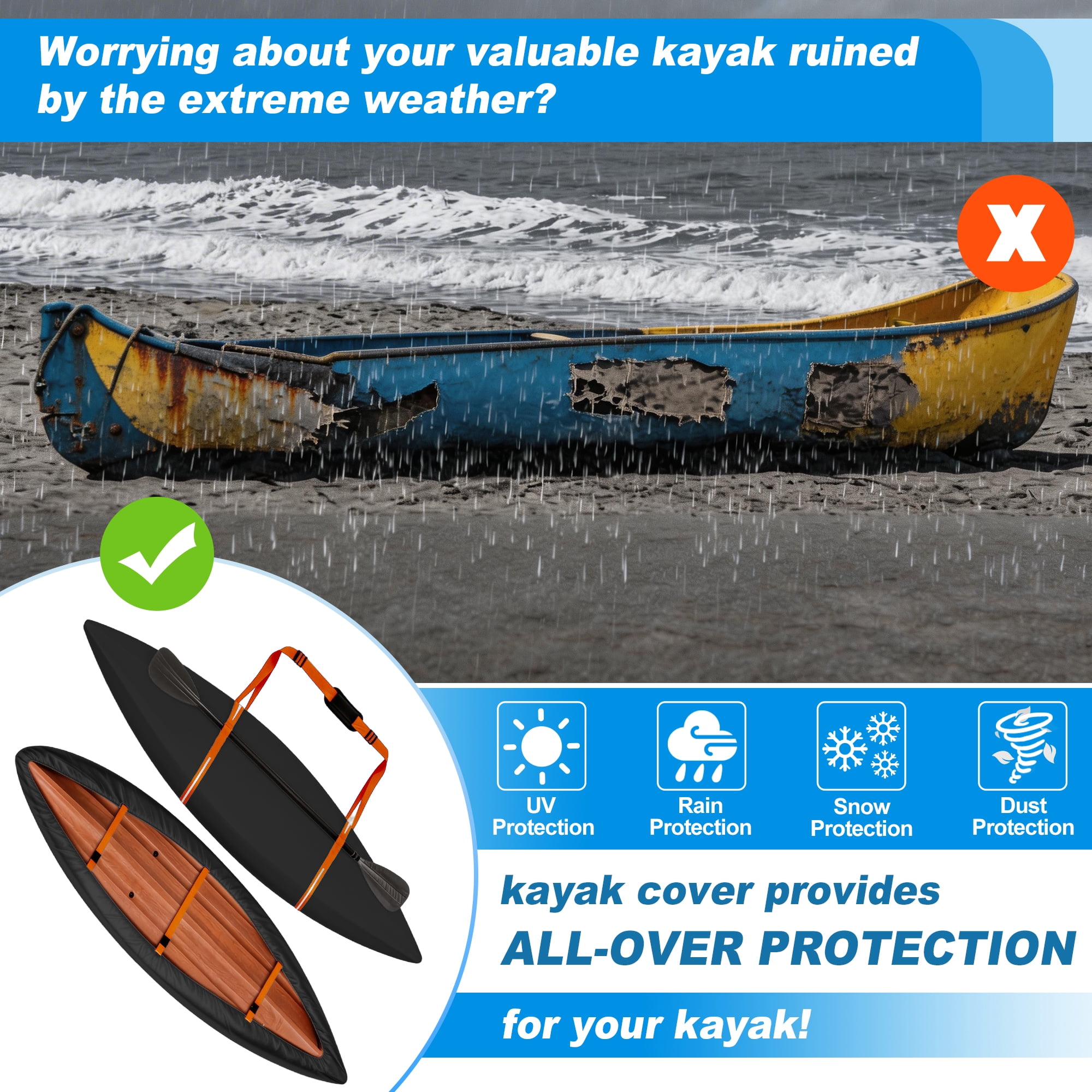 Unique Bargains Duty Oxford Cloth Kayak Cover Waterproof Black Orange 13.8ft-15ft