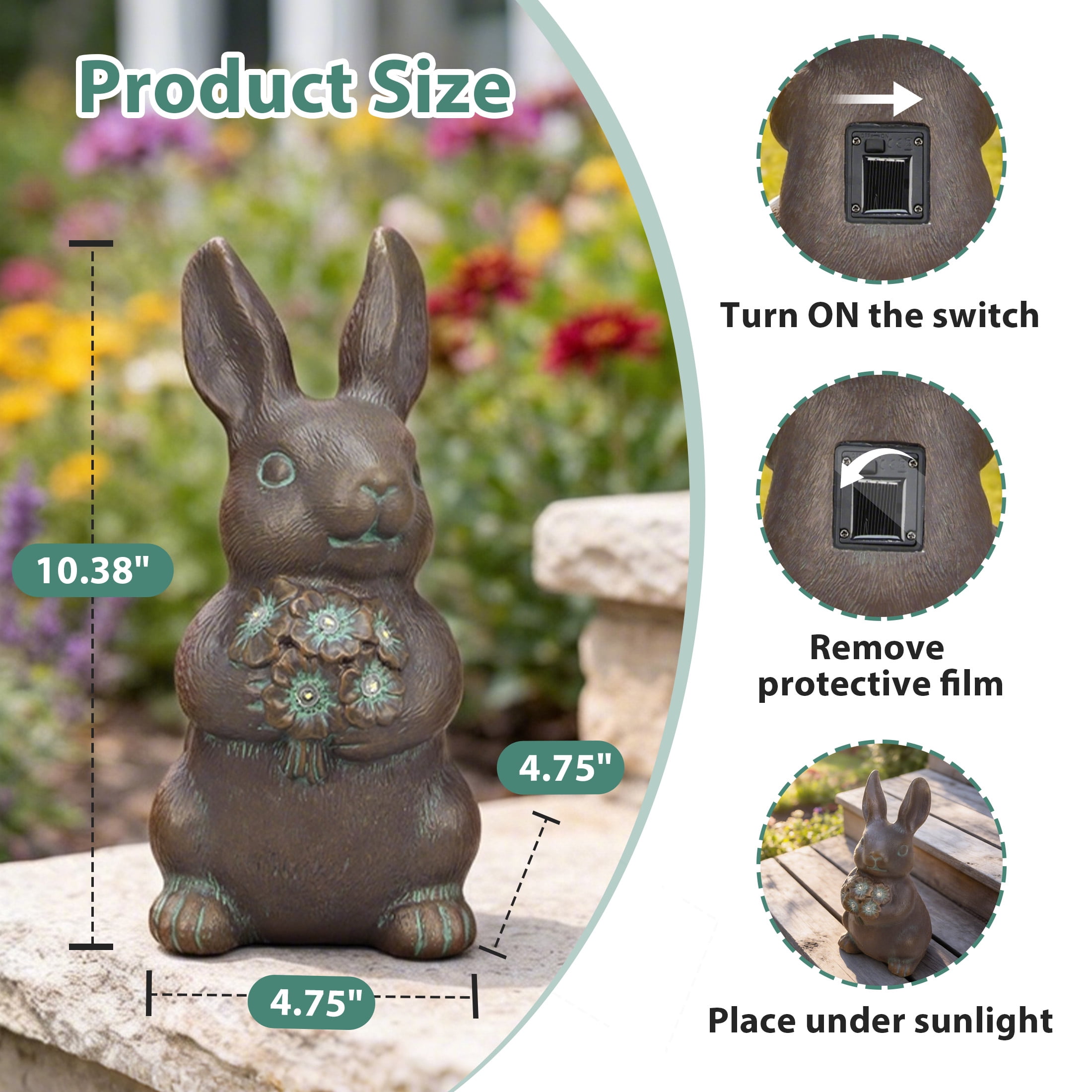 The Growing Ground Solar Bunny Garden Statue with LED Light, Outdoor Resin Rabbit Decor for Lawn, Patio, Bronze