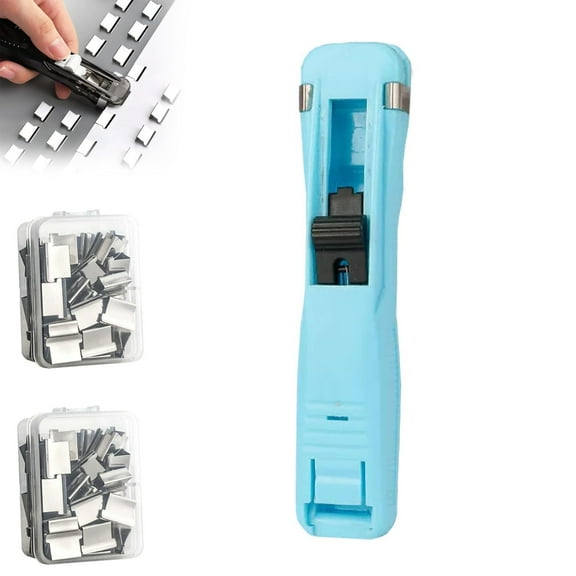 Portable Binder Clip Stapler - Includes 50 Reusable Clips, Handheld Paper Clam Clip Dispenser, Mini Push Stapler, Reusable Handheld Fast Paper Clipper for Office Home (Blue)