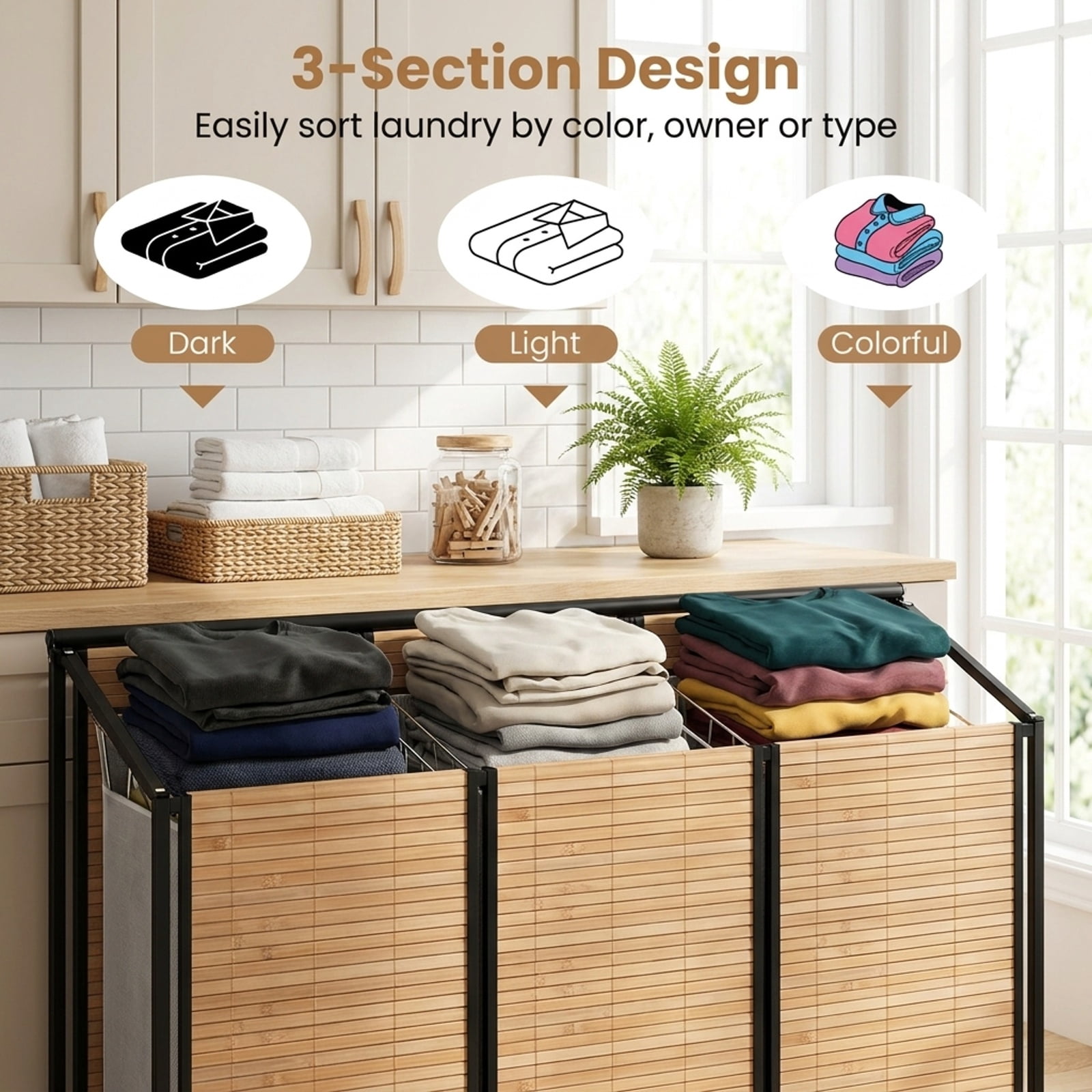 Vebreda Laundry Hamper with Lid, 21.4-Gallon 3-Section Laundry Sorter with 3 Removable Bags and 4 Wheels, Rolling Clothes Hamper, Natural