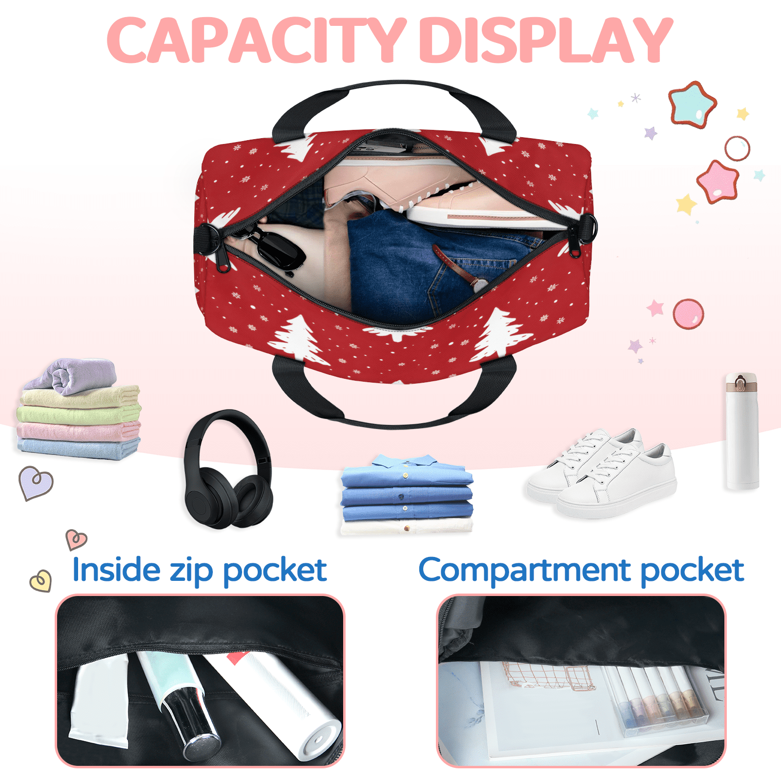 Herdesigns Christmas Tree Travel Duffle Bag Sports Yoga Weekender Overnight Carry on Workout Bags Lightweight Waterproof Gym Tote Bag for Women Red