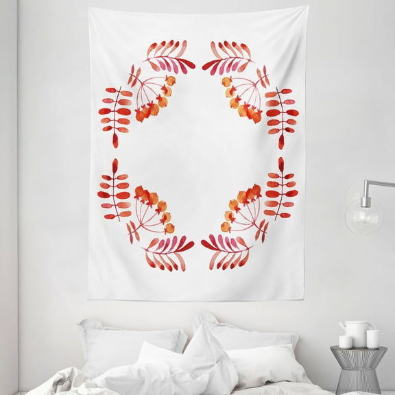 Rowan Tapestry, Watercolor Style Artistic Leaves with Fruits Square Frame Design Autumn Colors, Wall Hanging for Bedroom Living Room Dorm Decor, 60W X 80L Inches, Red Orange White, by Ambesonne