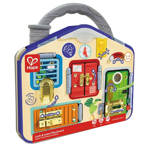 Hape: Lock & Learn Playboard - Moving Parts Toy, Door Opening & Reveal, Sliding Gears, Easy Carry Handle, Fine Motor Skills, Preschool, Kids Ages 3 