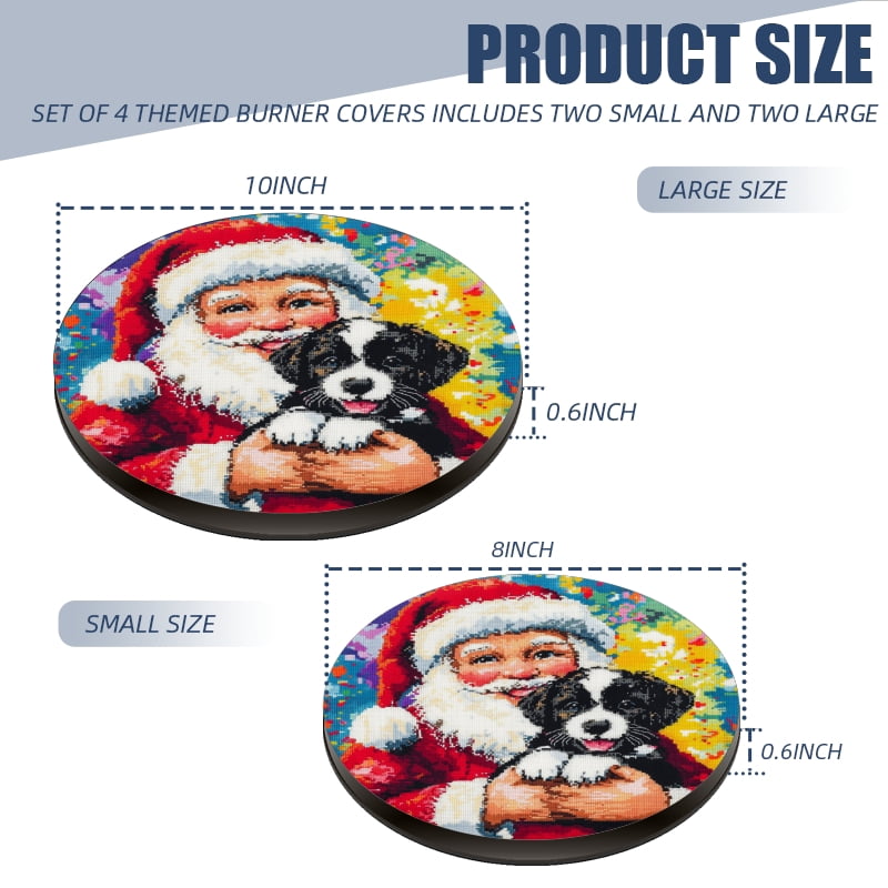 Christmas Round Electric Stove Burner Covers, Santa Claus with Cute Puppy Christmas Decorative Metal Gas Stove Burner Covers Set of 4 for Kitchen Holiday, 8 Inches and 10 Inches