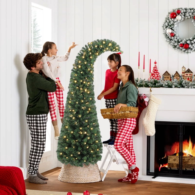 Alvantor Christmas Tree Pre-Lit Whimsical Pencil with 200 LED Lights & Metal Stand 59.94"x59.94"x72" 6ft Green