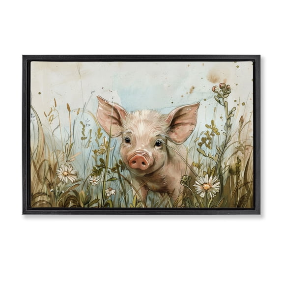 Stupell Industries Cottage Piglet Among Flowers Black Floating Frame Canvas Art, 25 x 17, by Petals Prints Design