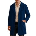 thumbnail image 3 of Men Long Overcoat Lapel Collar Button Front Oversized Jacket with Pocket,Warm Windproof Fall Winter Daily Casual Comfy Wear,Blue,3XL, 3 of 9
