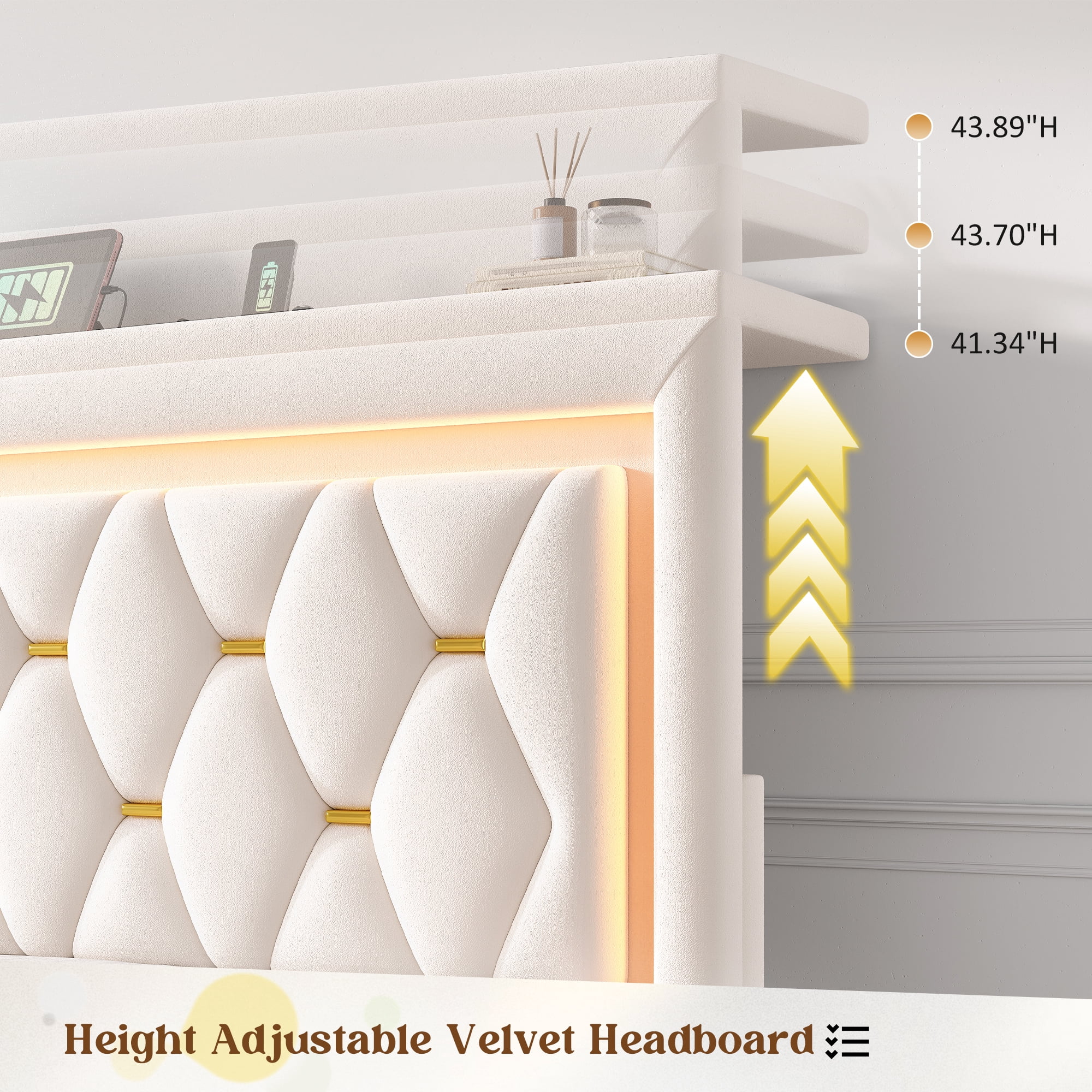 EnHomee Queen Size Bed Frame with 4 Storage Drawers Upholstered Bed with LED & Charge Station,Beige