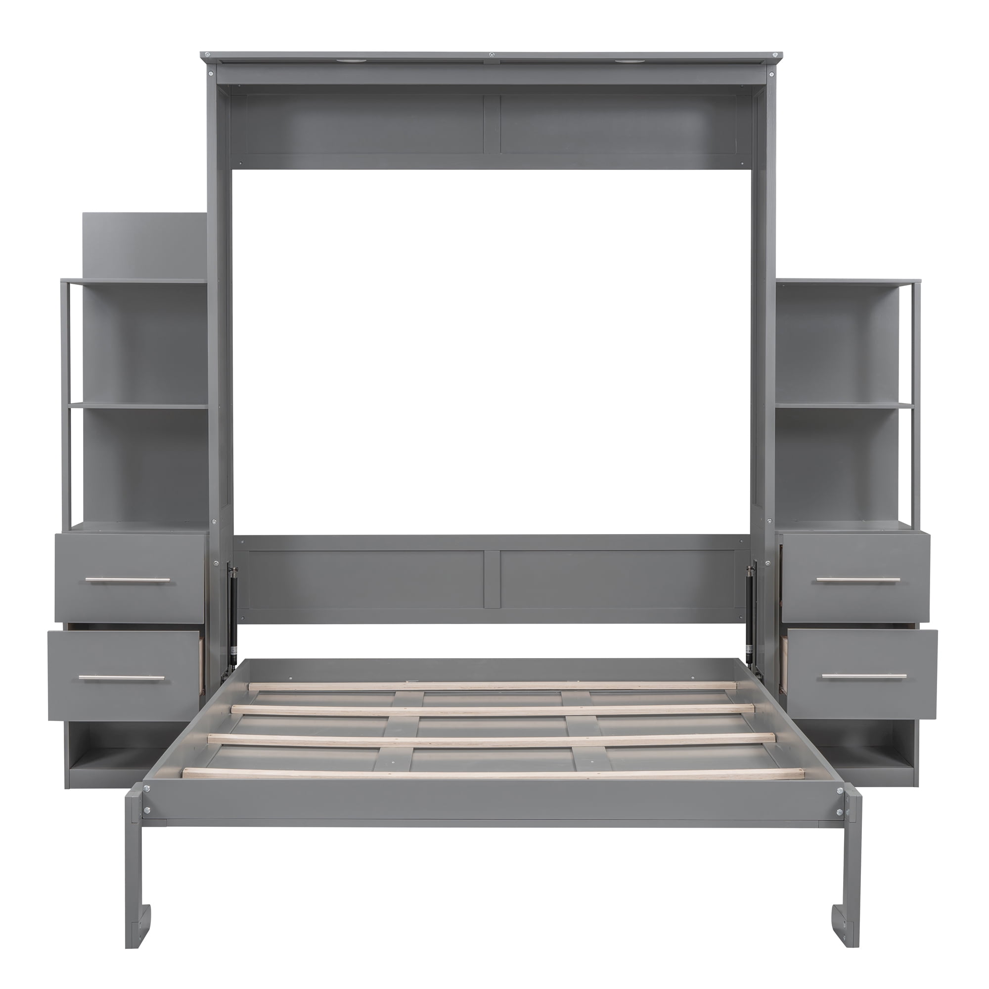 Euroco Wood Queen Size Murphy Bed with Cabinets and Drawers, Convertible Wall Bed wiht LED Light and Shelves, Gray