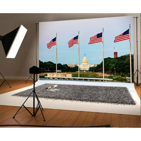 Image of MOHome American Flags Capitol Backdrop 7x5ft Fourth Of July National Independence Day of The USA Green Trees Square Patriot Day Activity Event Photography Parade Banner Digital Video Studio