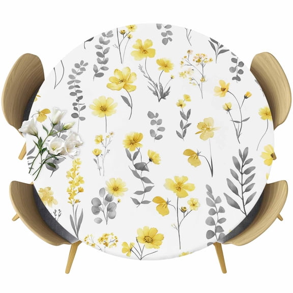 Yellow Spring Floral Round Tablecloth, Fitted Table Cover with Elastic for 36"-44" Round Tables, Flowers Botanical Elegant Pastoral Table Cloth Outdoor Indoor Dinning Party Waterproof Tablecloths