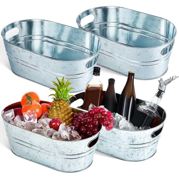 Tessco 4 Pcs 4 Gallon Galvanized Metal Tubs Large Ice Buckets for Parties Beverage Drink Tin Bins Champagne Cocktail Wine Cooler for Summer Mimosa Bar Supplies(Classic,Silver)