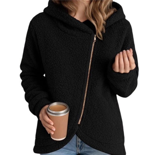 Chaquetas con Capucha y Cremallera para Mujer, Informales, Holgadas, de Forro Peludo y A , con Cremallera y Abrigos Negro M