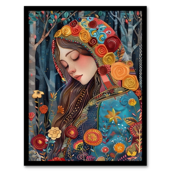 Artery8 Floral Cloak Woman Forest Flower Folk Tapestry For Living Room Art Print Framed Poster Wall Decor 12x16 inch