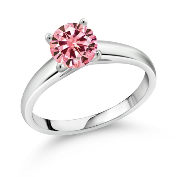 Gem Stone King 10K White Gold Solitaire Ring Pink Round Moissanite 1.00cttw (Size 5)