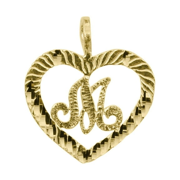 Precious Stars 14K Yellow Gold Diamond-cut Heart-shaped Initial Letter 'M' Pendant - No Chain, Pendant Only