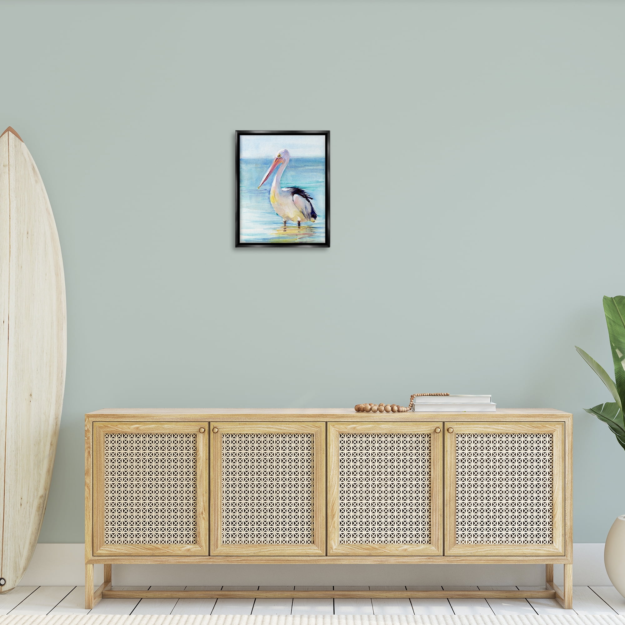 Stupell Industries Pelican Wading in Sea Nautical & Beach Painting Black Floater Framed Canvas Art Print Wall Art, 17 x 21