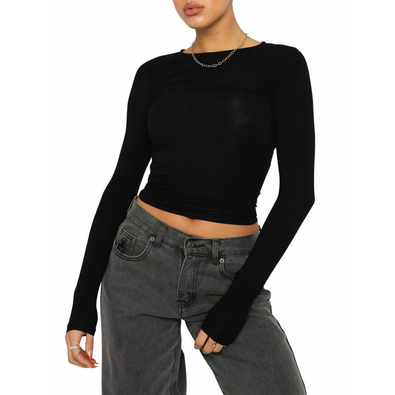 Sunisery Women Tight Long Sleeve Shirt Casual Slim Fit Ruched Crinkle Crop  Tops Solid Scoop Neck Pullover Tight T-Shirts 