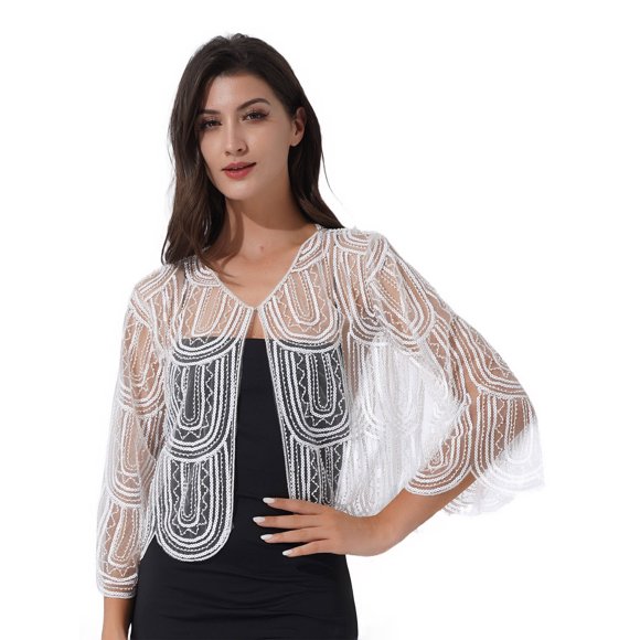 Jhaoyu Womens Sequins 1920s Vintage Cardigan Long Sleeve Open Front Cropped Bolero Shrugs Flapper Cover-Up White One Size
