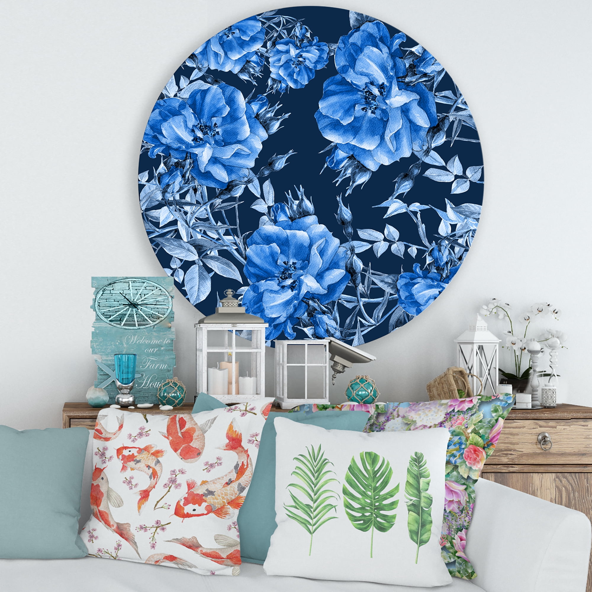 Designart 'Abstract Blue Wildflowers' Modern Circle Metal Wall Art 29x29 - Disc of 29