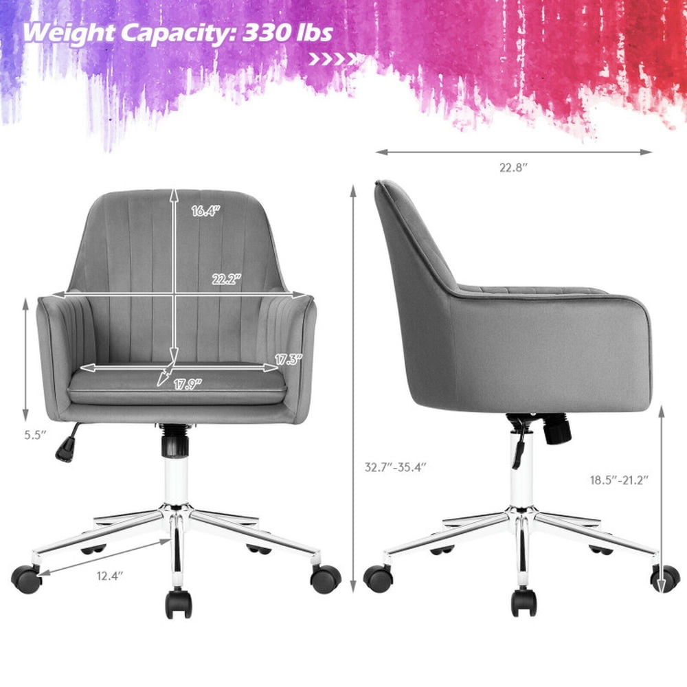 Demi Bonn Velvet Accent Office Armchair with Adjustable Swivel and Removable Cushion Rolling Work Computer Desk Chair, Gray