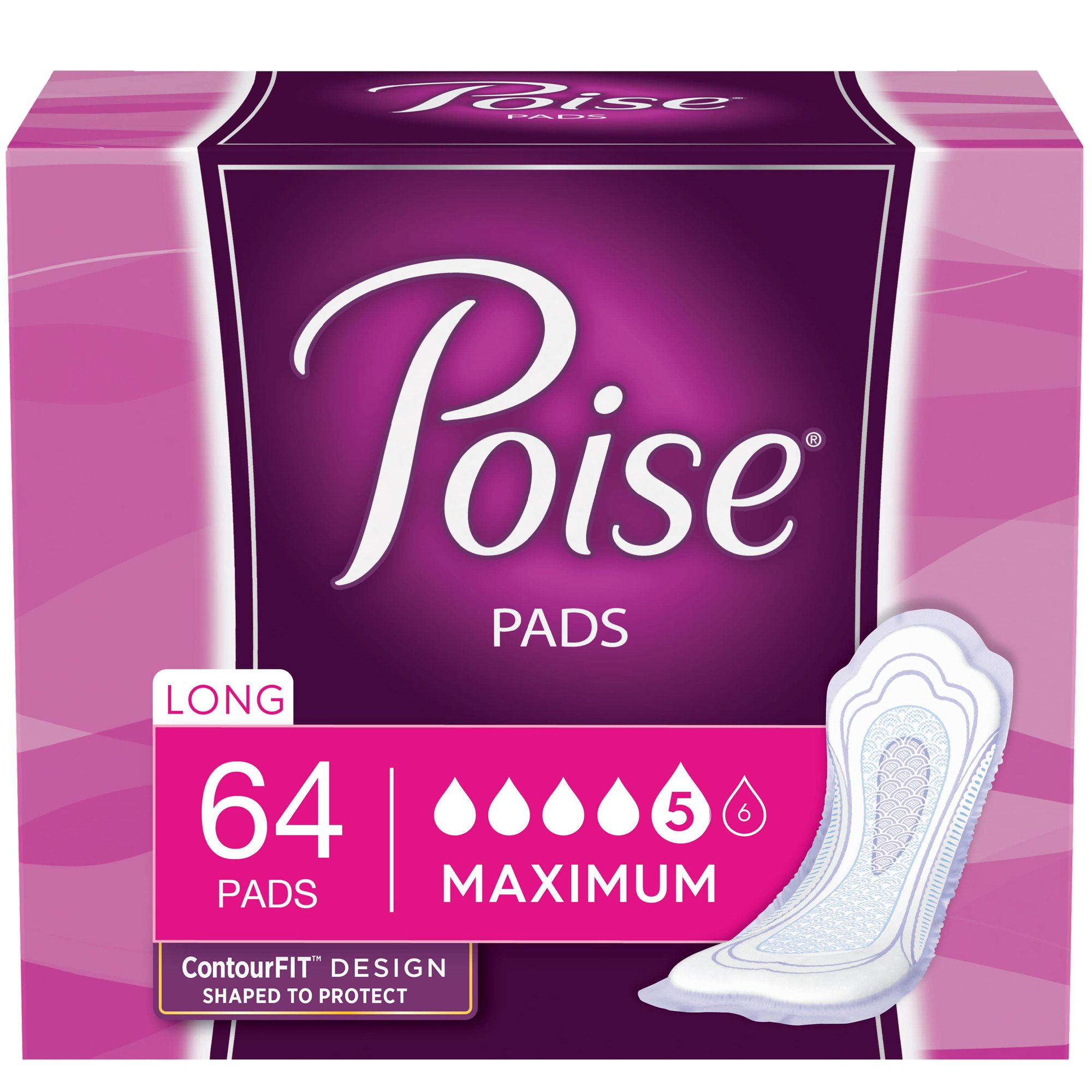Poise Incontinence Pads for Women, Maximum Absorbency, Long, 64 Count:(Pack of 2 | Total of 128 ct)