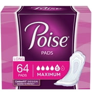 Poise Postpartum Incontinence Pads, Maximum Absorbency, Long, 64 Count