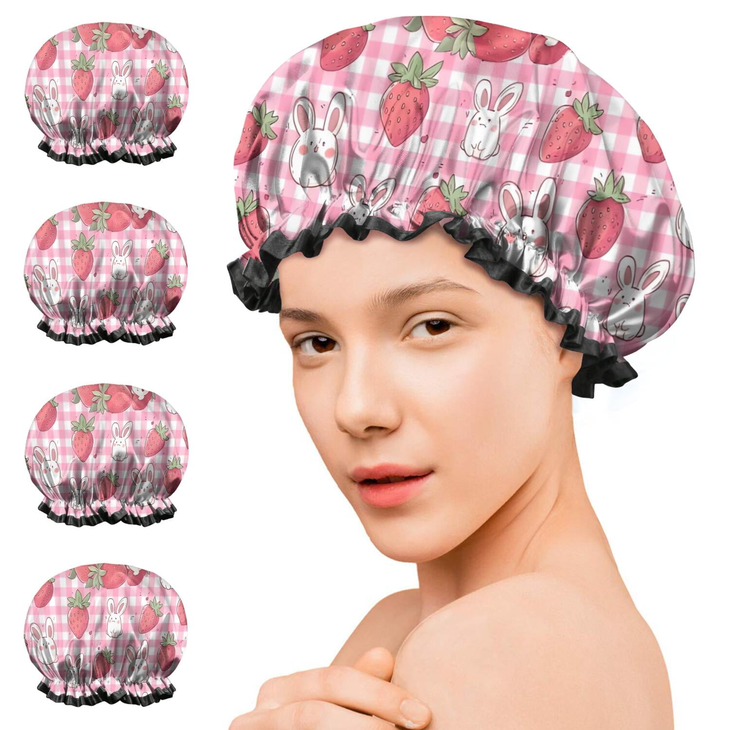 Shower Caps,Strawberry Plants Fruit Rabbit Checkered Waterproof Shower Cap for Women 4 Pieces,Double Reusable Hair Cover for Shower PEVA Elastic Stretch Hem
