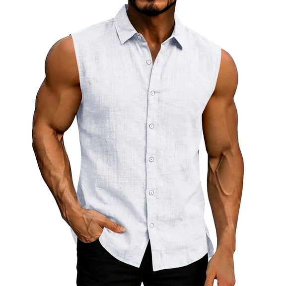 Vekome Men Button down Shirts with Collar Big and Tall Sleeveless Tops Casual Blouses Linen Solid Color Summer Tee Shirts