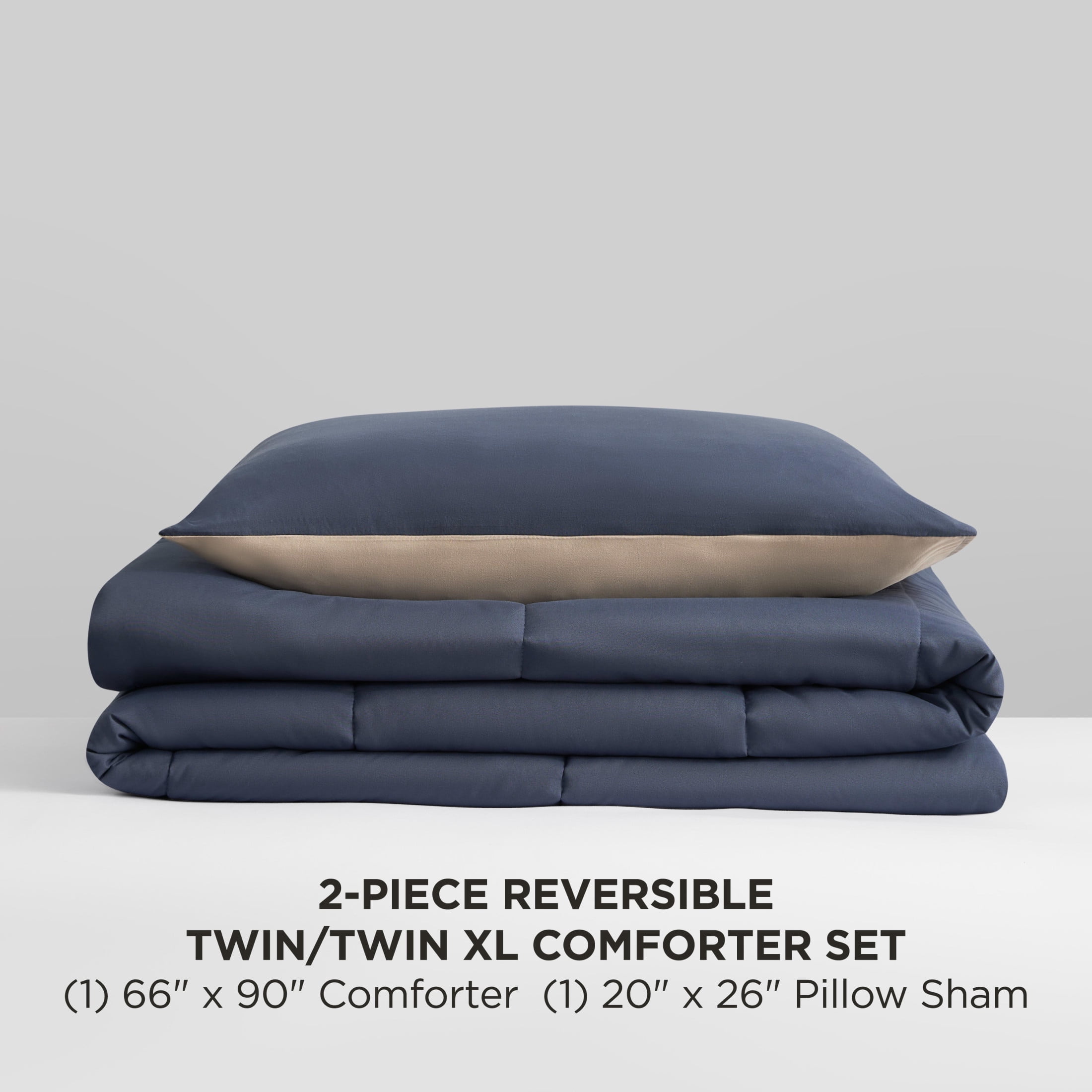 The Sheet Lab Reversible Box Stitch Comforter Set, 2-Piece Twin/Twin XL – Navy Blue/Tan