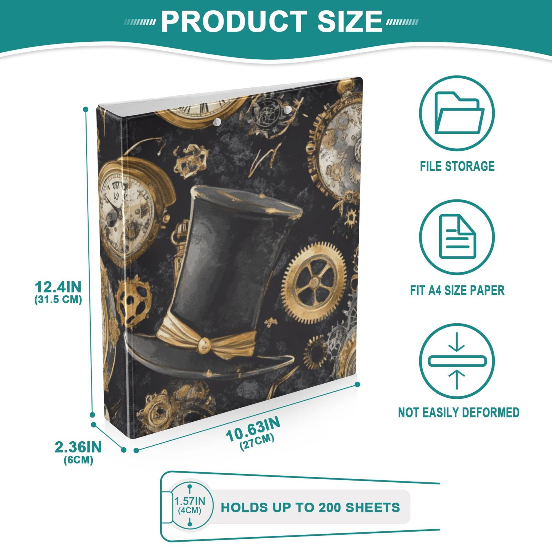 Gold Pocket Watches 3 Ring Binders 1.5 inch Hardcover File Folders with Interior Pockets A4 Size Organizer for School Office Hospital