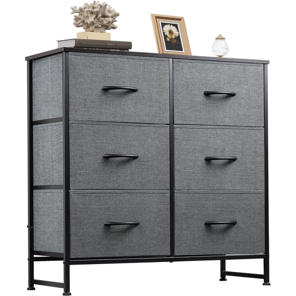 WLTER Dresser for Bedroom with 6 Drawers, Closet Dresser with Fabric Bins, Chest of Drawers for Closet, Living Room, Hallway, Dark Grey