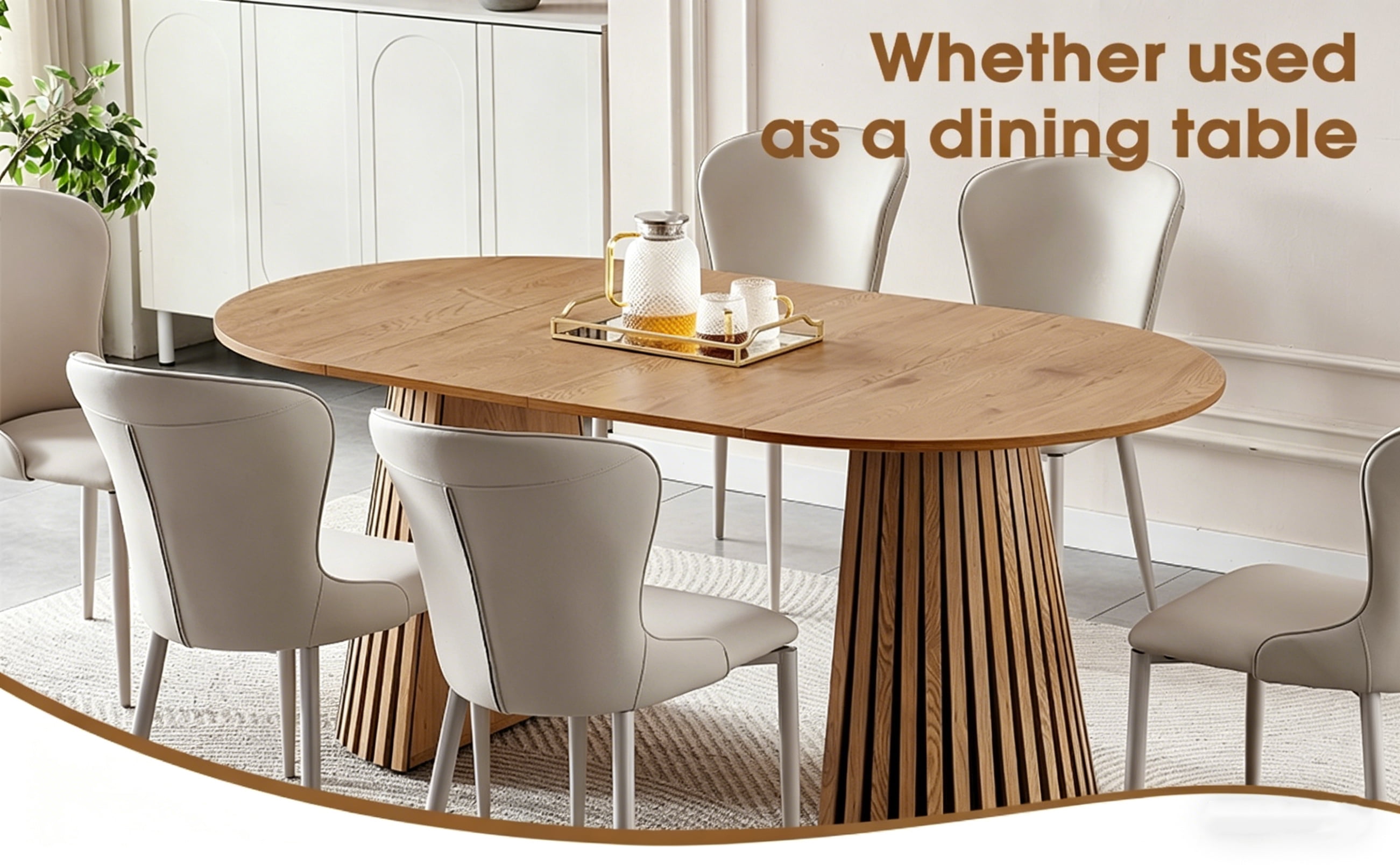 Wooden Dining Table, Flexible and Extendable, Multi-functional and Space-saving, Fashionable Oval Design and Slatted Table Legs, Tea Table or Office Desk, Beautiful and Practical