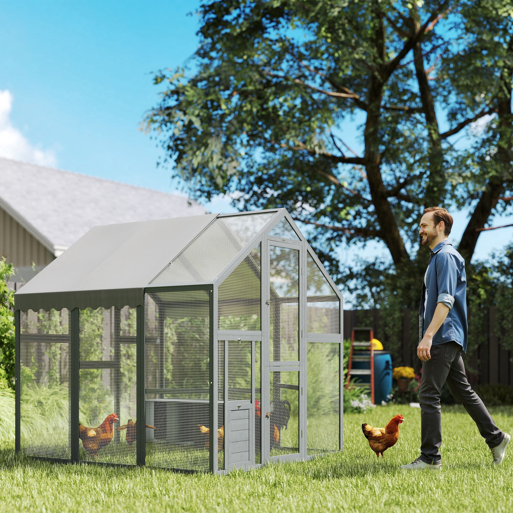 PawHut Large Chicken Run, Wooden Chicken Coop with Waterproof & Anti-UV Cover, Split Door, 2 Nesting Boxes, 2 Roosting Bars, Gray