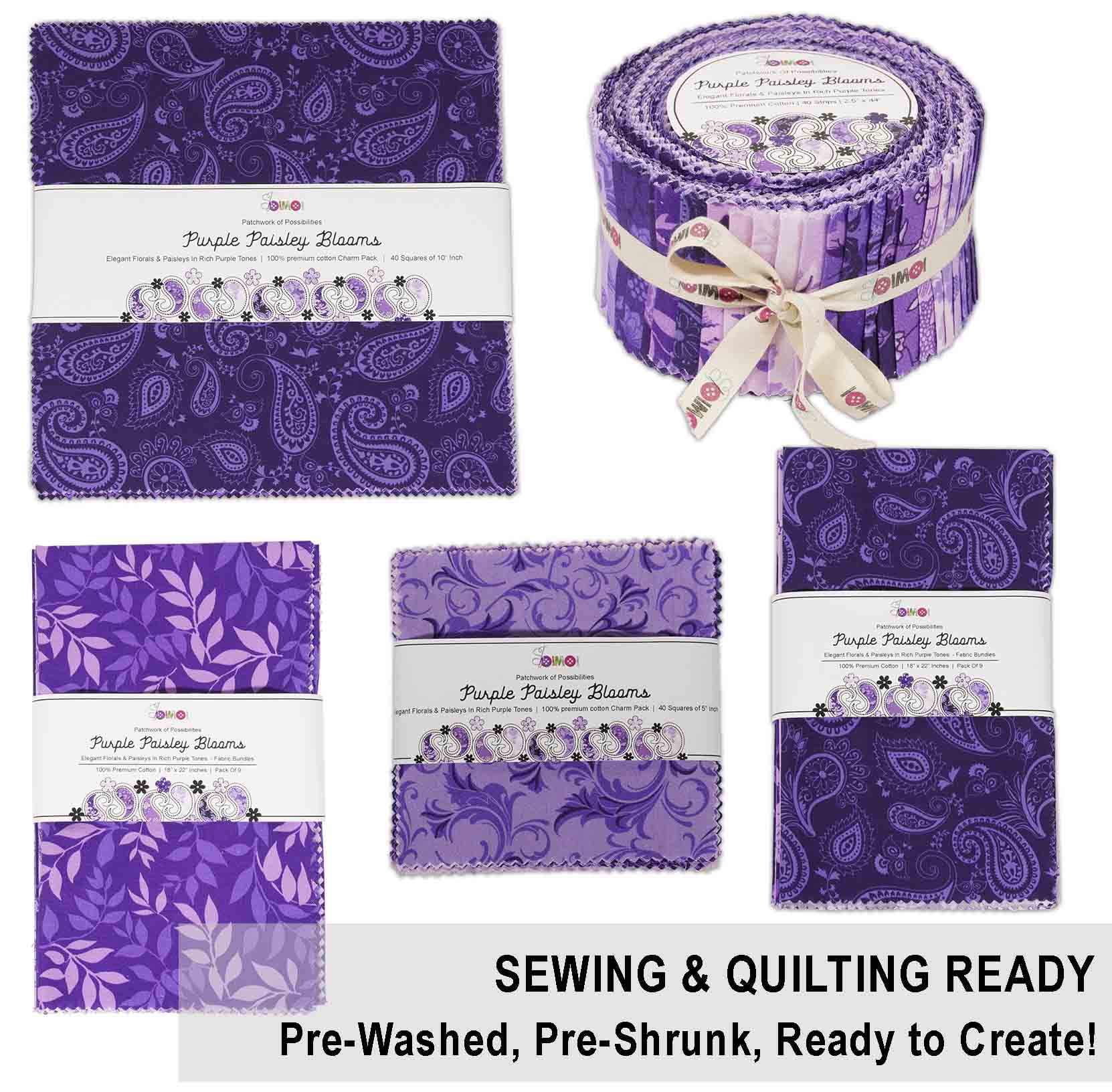 9Pcs Fat Quarter Bundle 100% Cotton Fabric for Quilting Patchwork Cushions Cotton Fabric for Patchwork, DIY Making Supplies Sewing Project, 18" x 22" - Purple Paisley Blooms