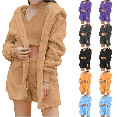

APEXFWDT Womens Sexy Fuzzy 3 Piece Outfits Warm Sherpa Fleece Sweatsuit Open Front Cardigan Jacket Outwear and Crop Top Shorts Lounge Sets Pajamas