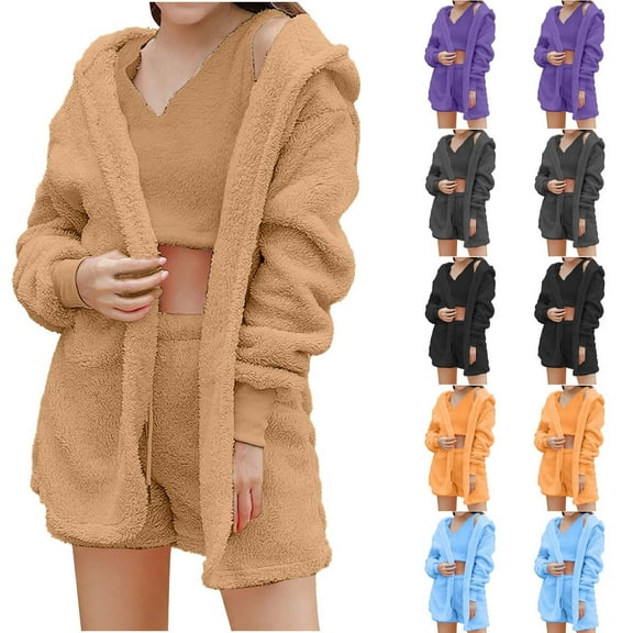 Lovskoo Women Fuzzy 3 Piece Outfit Pajamas Fleece Hooded Cardigan Outwear Sleeveless Crop Tops Shorts Nightwear Set Black